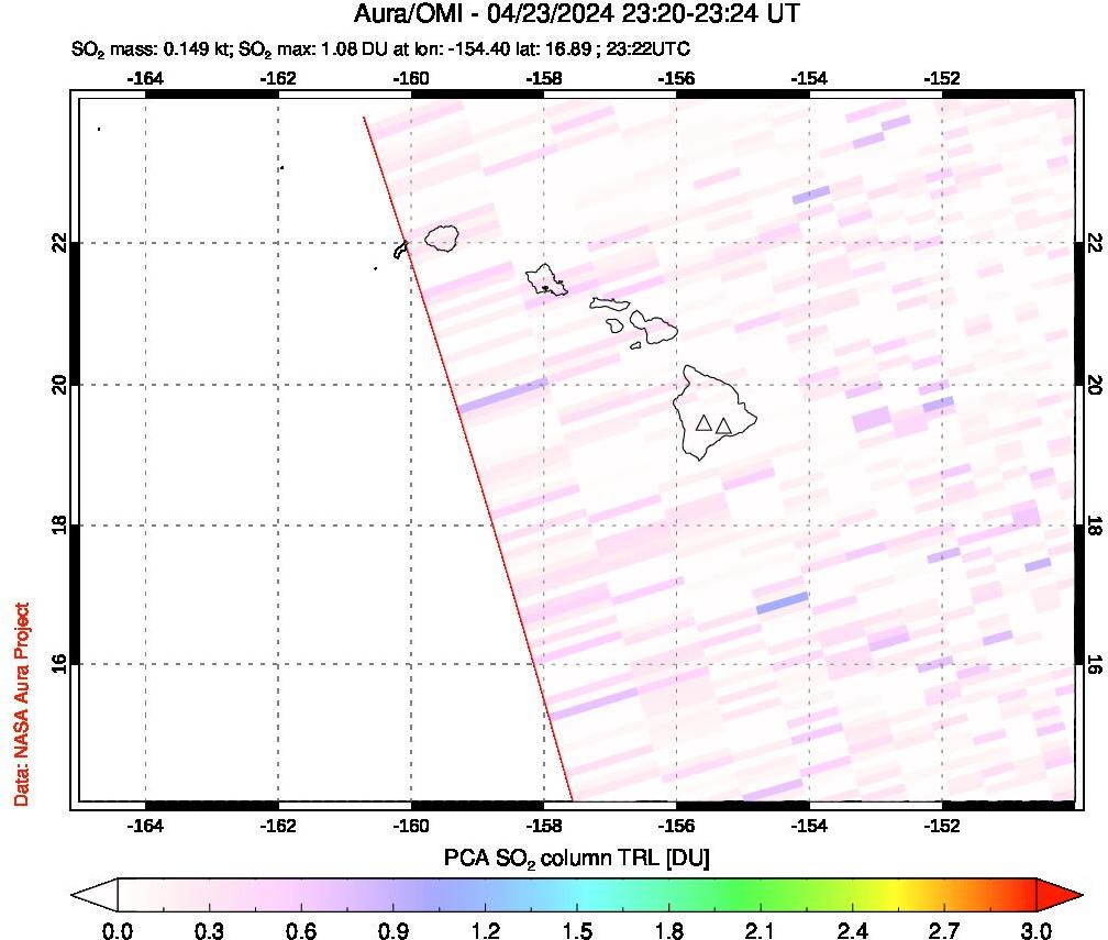 A sulfur dioxide image over Hawaii, USA on Apr 23, 2024.