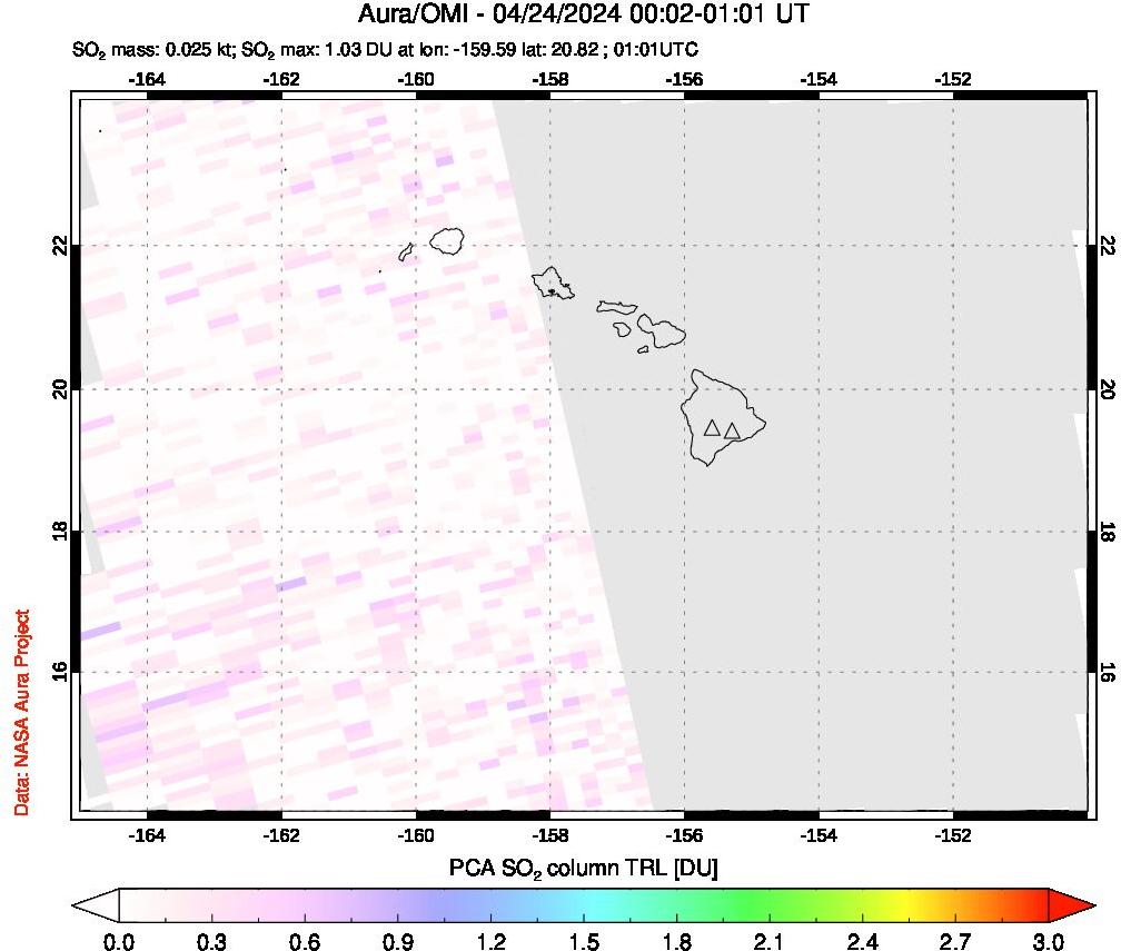 A sulfur dioxide image over Hawaii, USA on Apr 24, 2024.