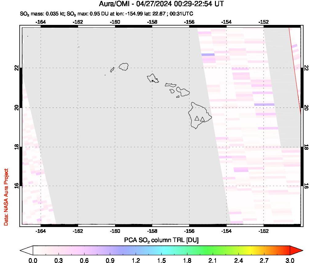 A sulfur dioxide image over Hawaii, USA on Apr 27, 2024.