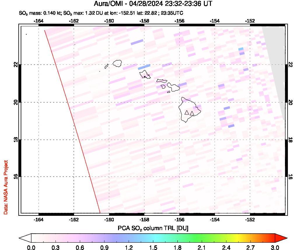 A sulfur dioxide image over Hawaii, USA on Apr 28, 2024.