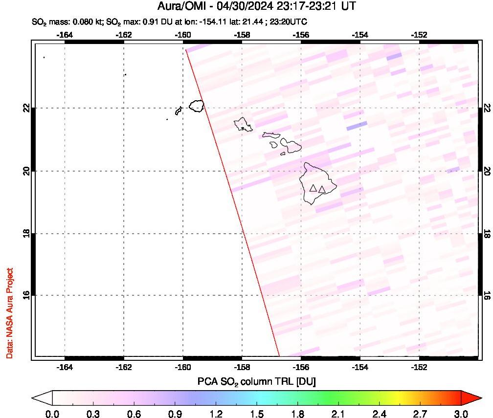 A sulfur dioxide image over Hawaii, USA on Apr 30, 2024.