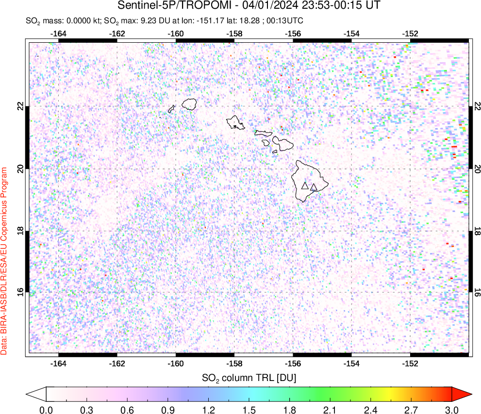 A sulfur dioxide image over Hawaii, USA on Apr 01, 2024.