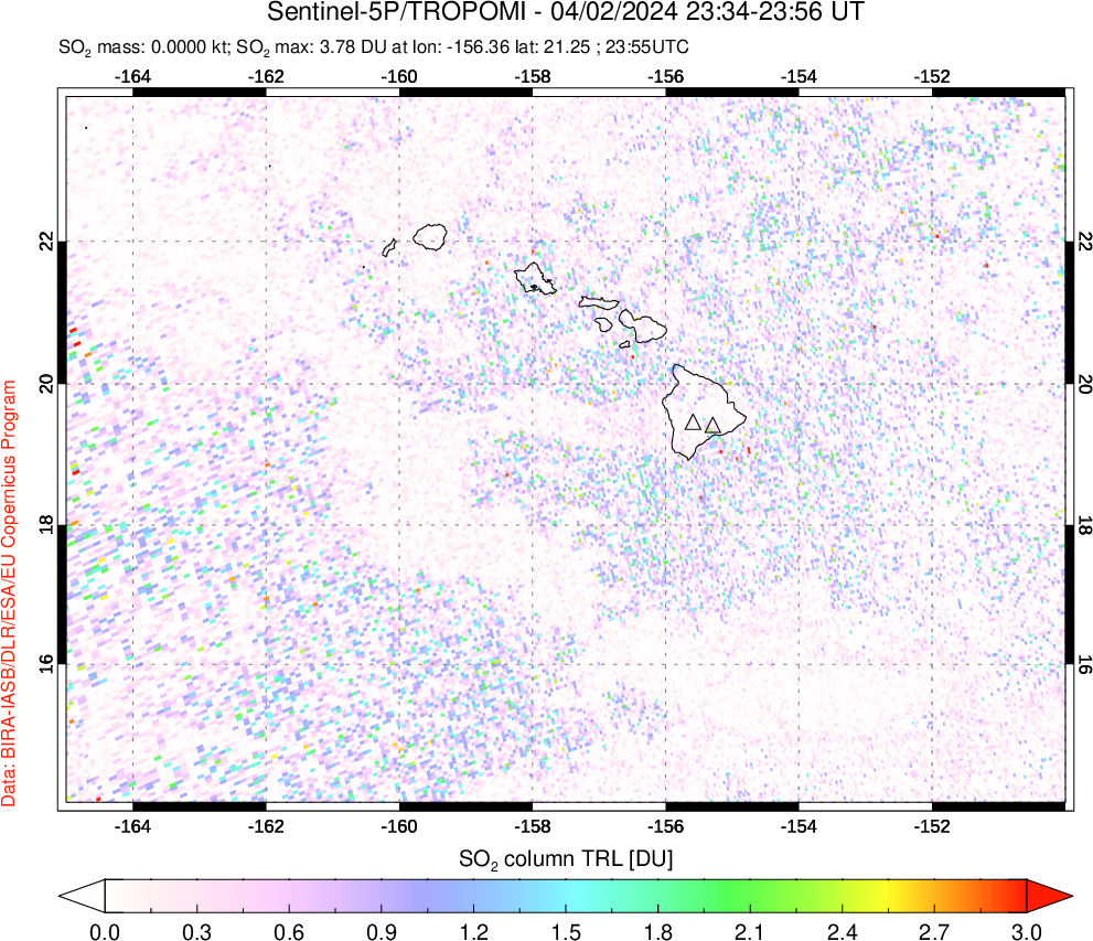 A sulfur dioxide image over Hawaii, USA on Apr 02, 2024.