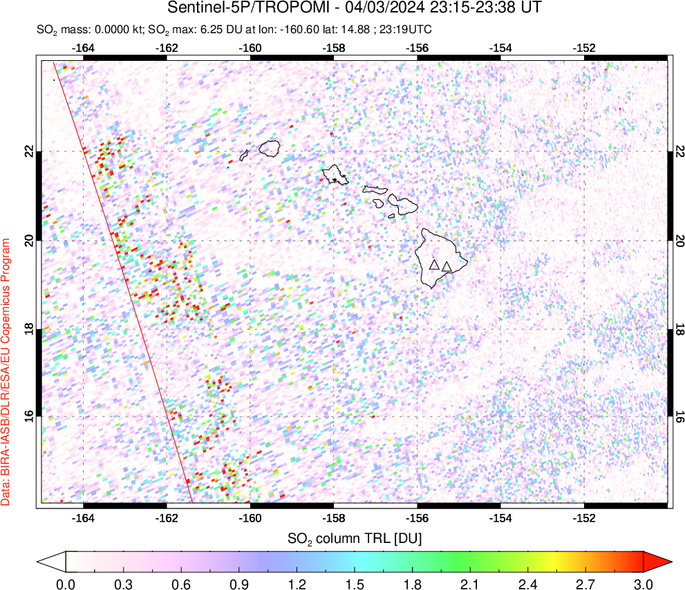 A sulfur dioxide image over Hawaii, USA on Apr 03, 2024.