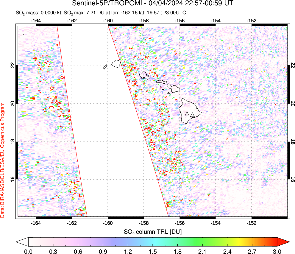 A sulfur dioxide image over Hawaii, USA on Apr 04, 2024.