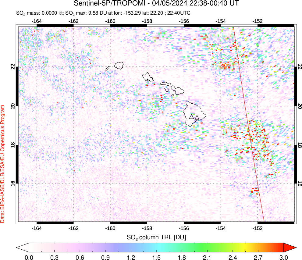 A sulfur dioxide image over Hawaii, USA on Apr 05, 2024.