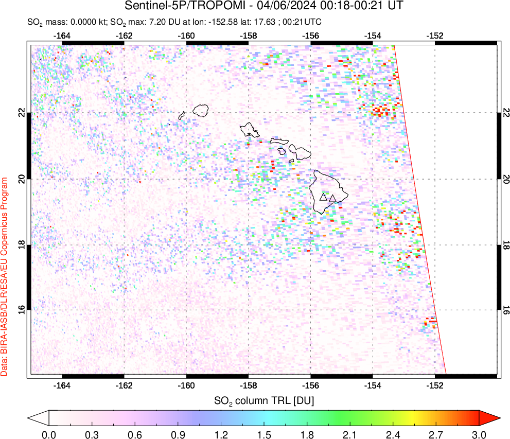 A sulfur dioxide image over Hawaii, USA on Apr 06, 2024.