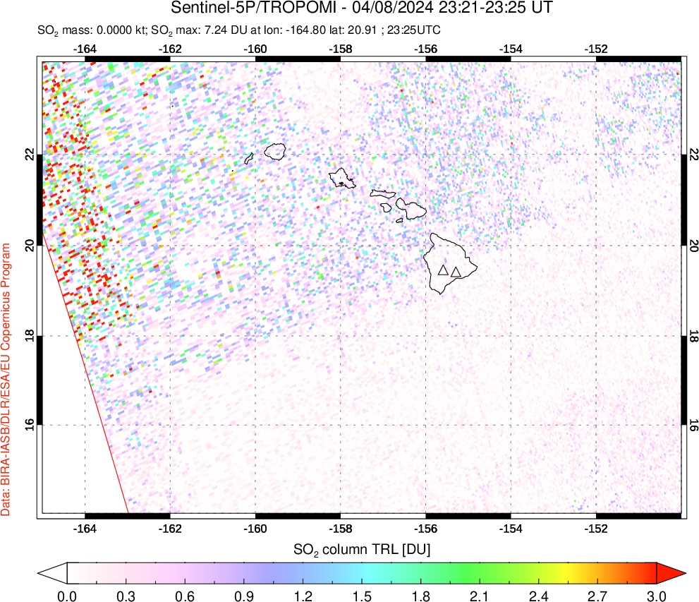 A sulfur dioxide image over Hawaii, USA on Apr 08, 2024.