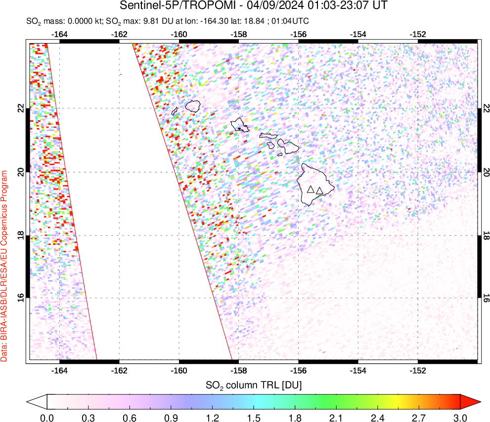 A sulfur dioxide image over Hawaii, USA on Apr 09, 2024.