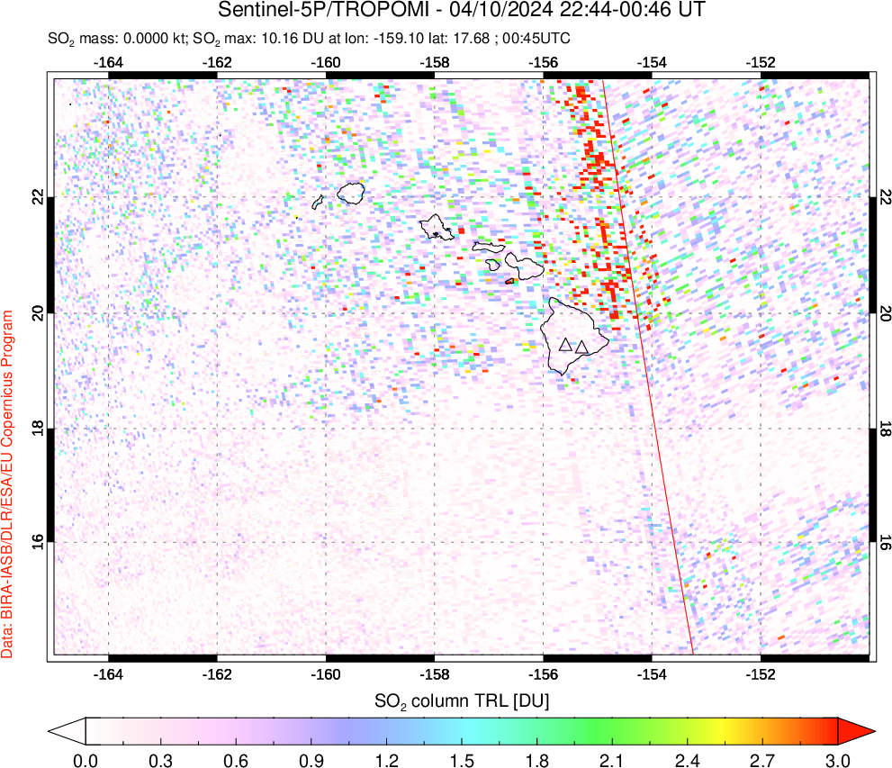 A sulfur dioxide image over Hawaii, USA on Apr 10, 2024.