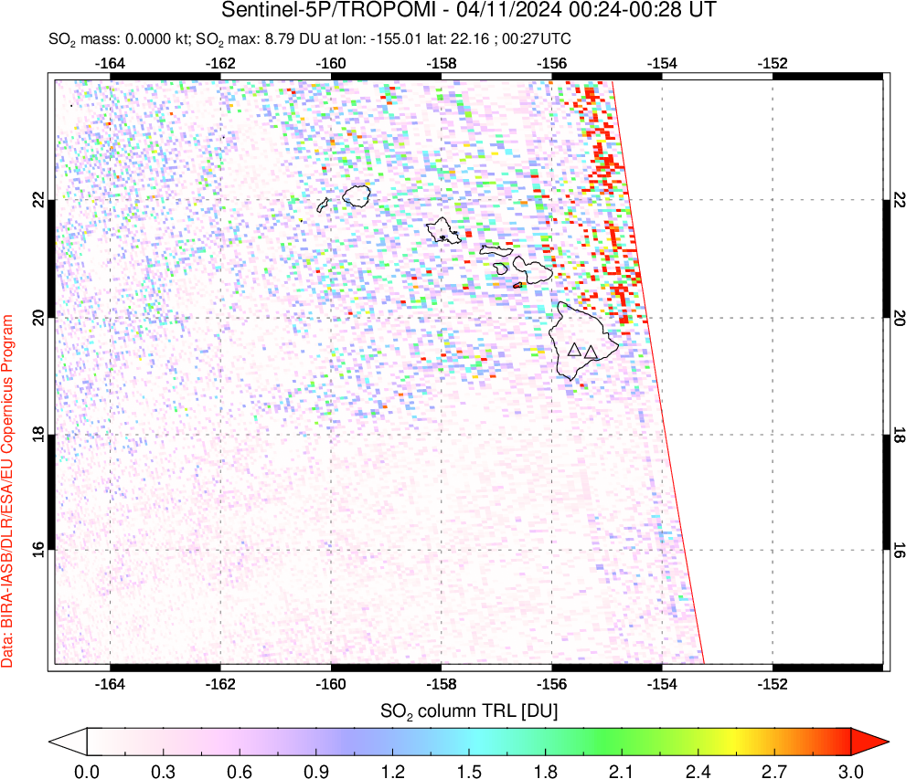 A sulfur dioxide image over Hawaii, USA on Apr 11, 2024.