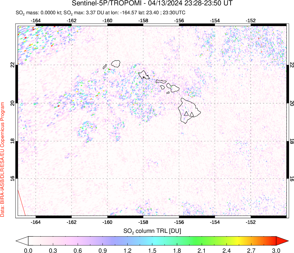 A sulfur dioxide image over Hawaii, USA on Apr 13, 2024.