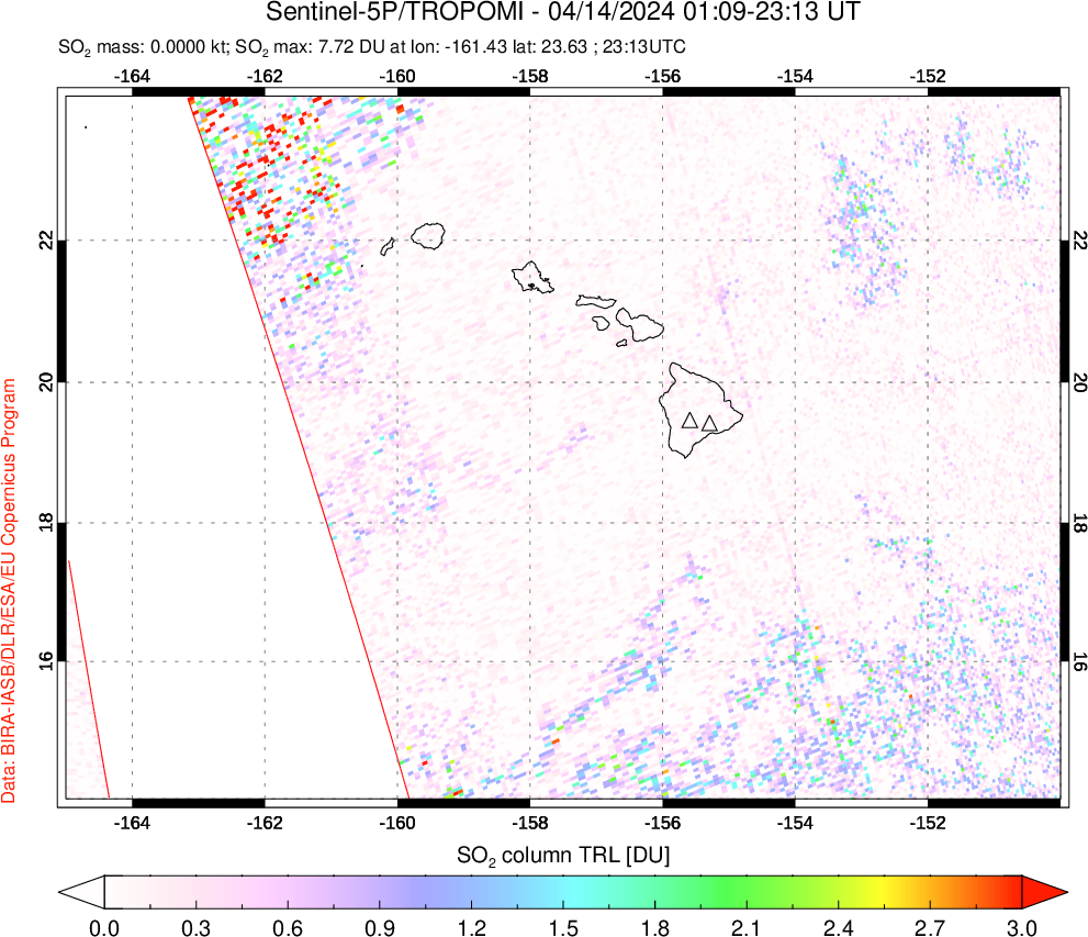 A sulfur dioxide image over Hawaii, USA on Apr 14, 2024.