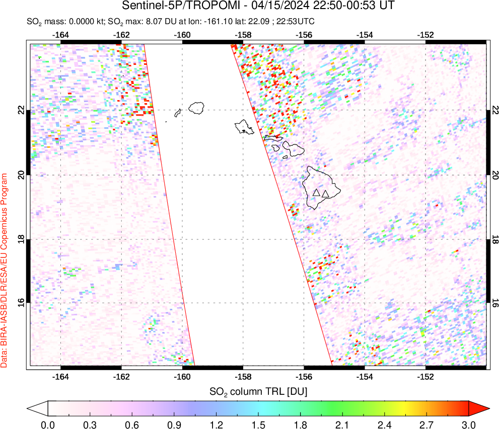 A sulfur dioxide image over Hawaii, USA on Apr 15, 2024.