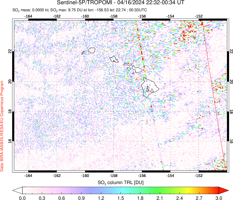 A sulfur dioxide image over Hawaii, USA on Apr 16, 2024.