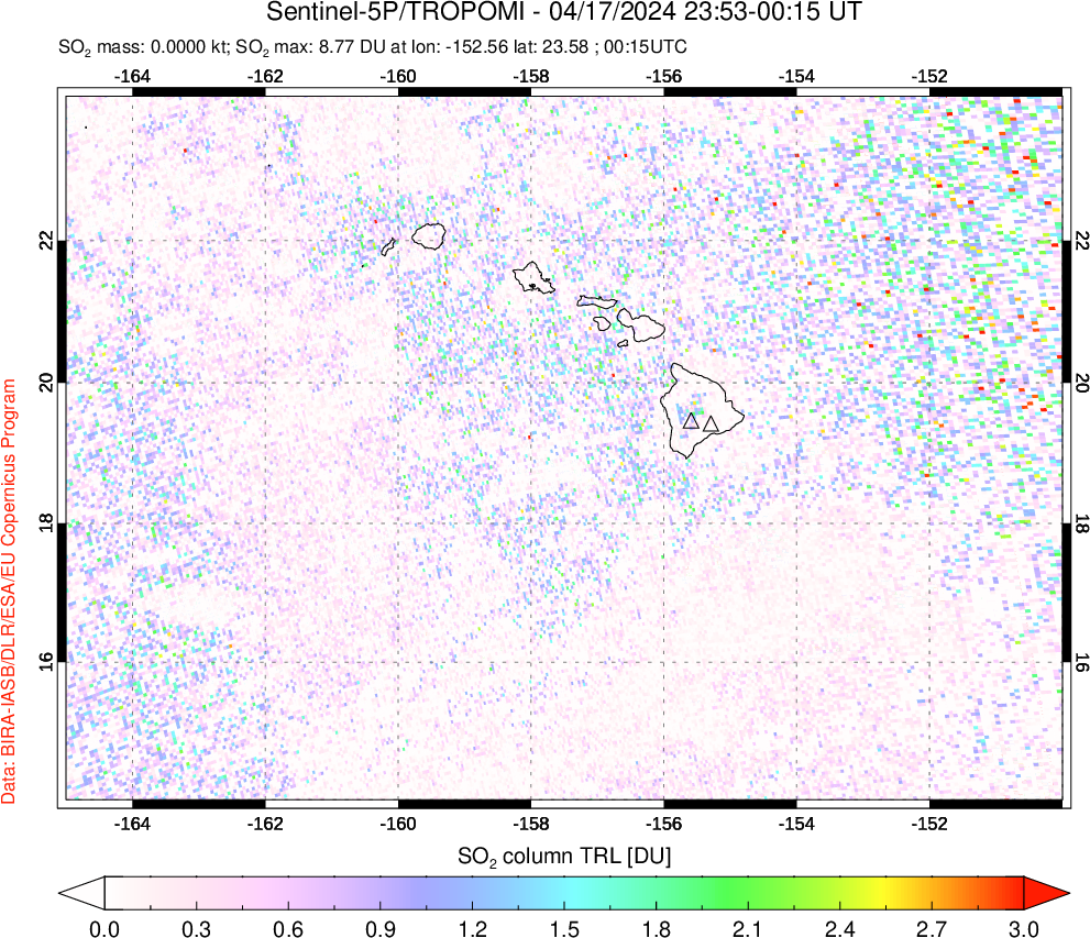 A sulfur dioxide image over Hawaii, USA on Apr 17, 2024.