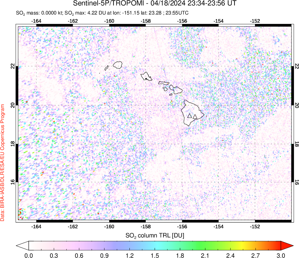 A sulfur dioxide image over Hawaii, USA on Apr 18, 2024.