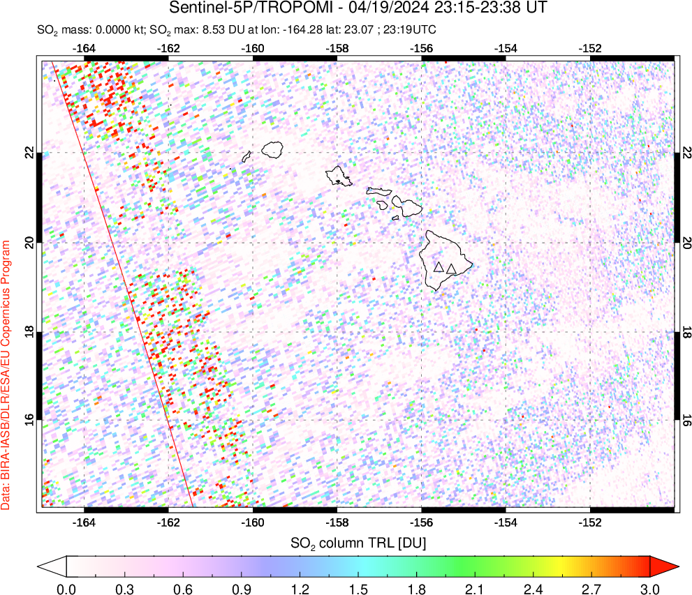 A sulfur dioxide image over Hawaii, USA on Apr 19, 2024.