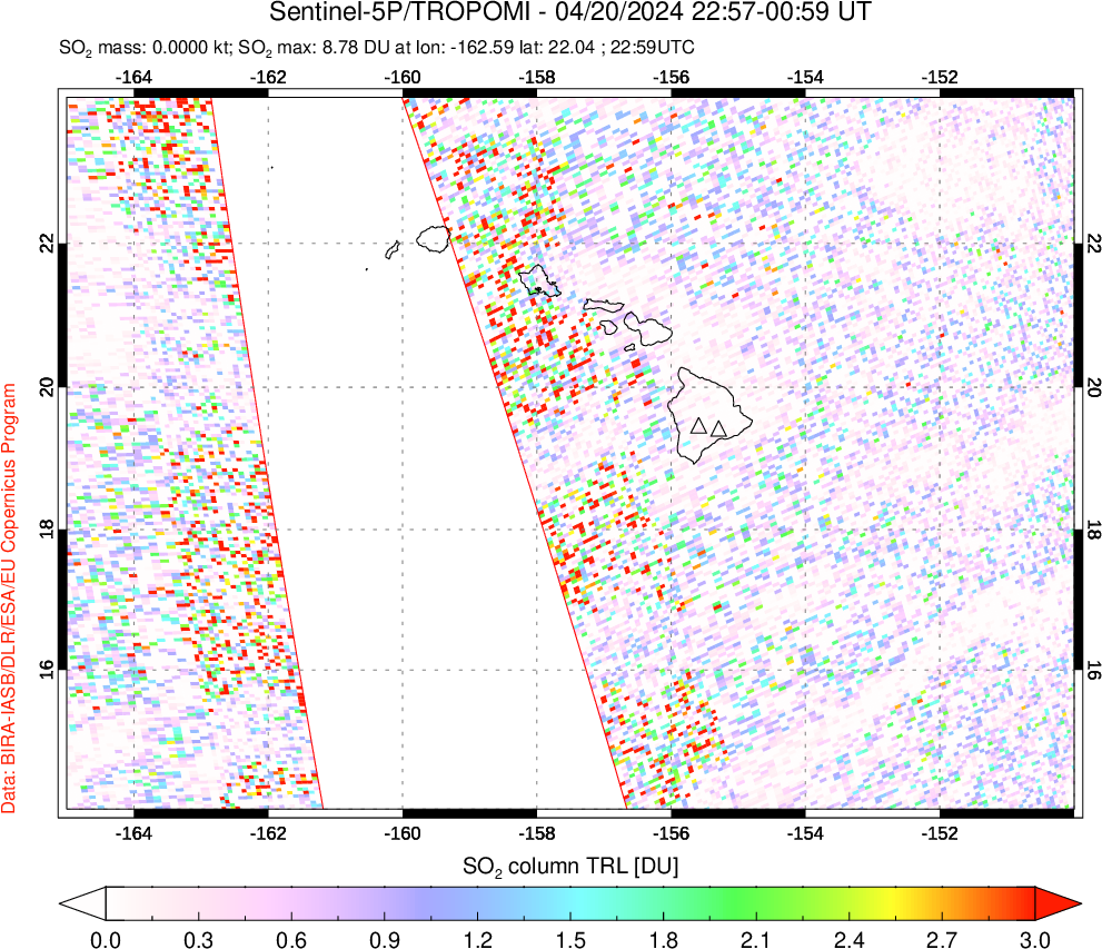 A sulfur dioxide image over Hawaii, USA on Apr 20, 2024.