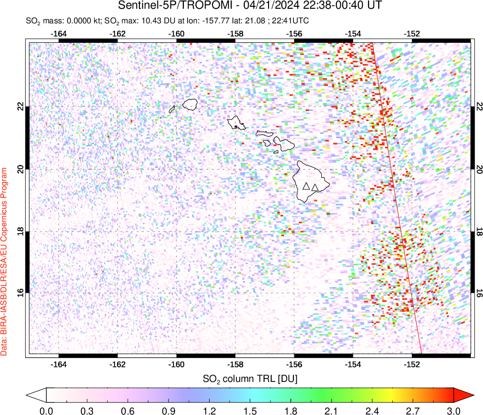 A sulfur dioxide image over Hawaii, USA on Apr 21, 2024.