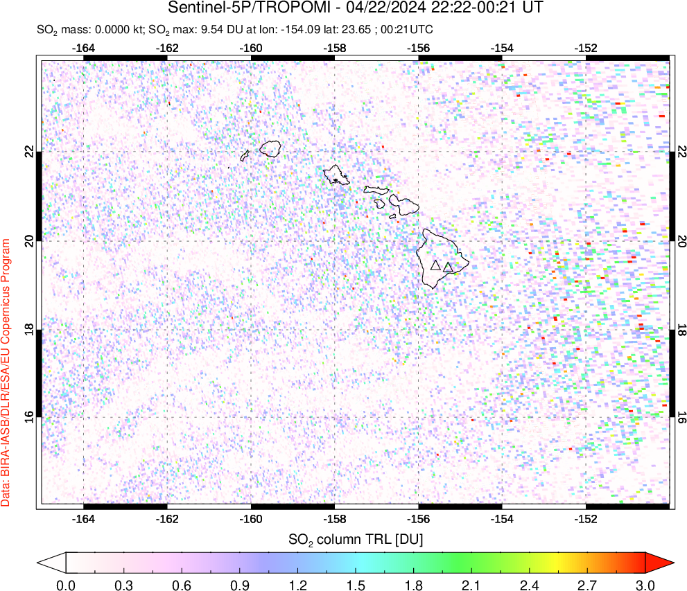 A sulfur dioxide image over Hawaii, USA on Apr 22, 2024.