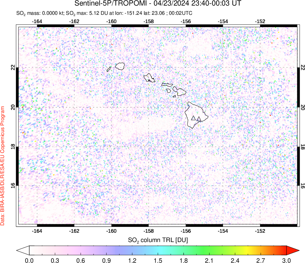 A sulfur dioxide image over Hawaii, USA on Apr 23, 2024.