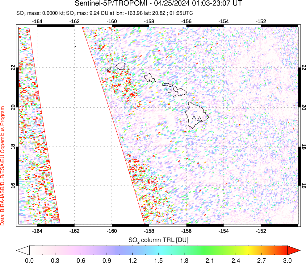 A sulfur dioxide image over Hawaii, USA on Apr 25, 2024.