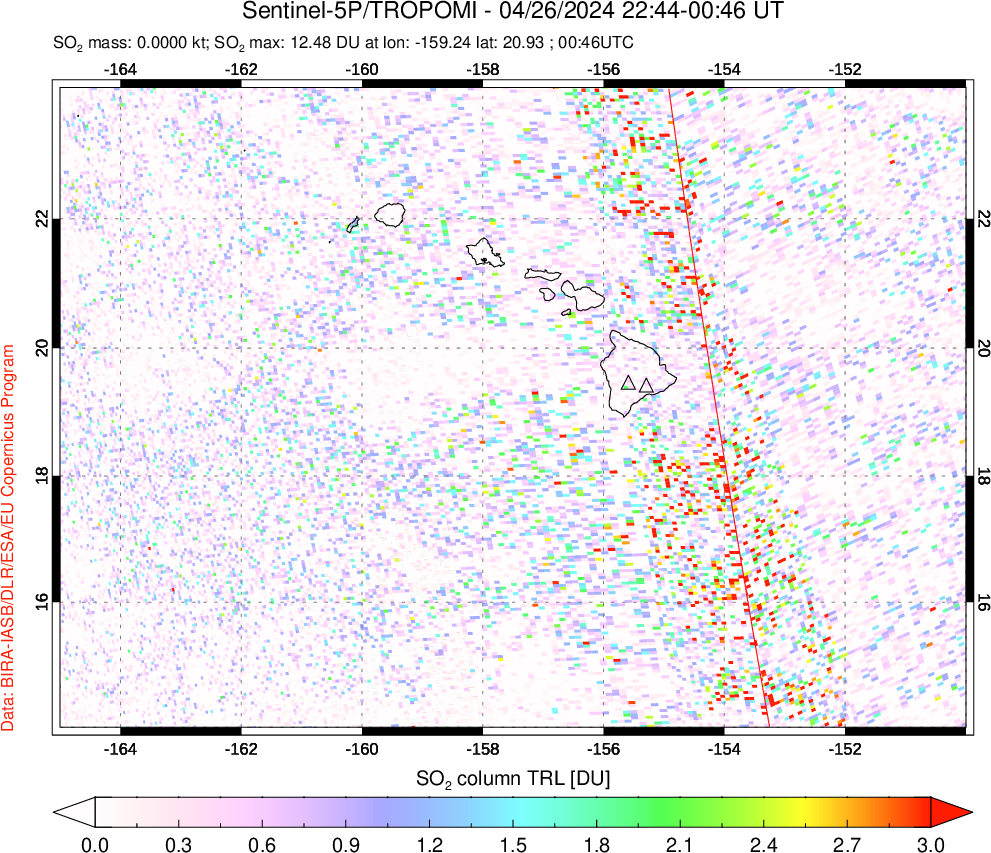 A sulfur dioxide image over Hawaii, USA on Apr 26, 2024.