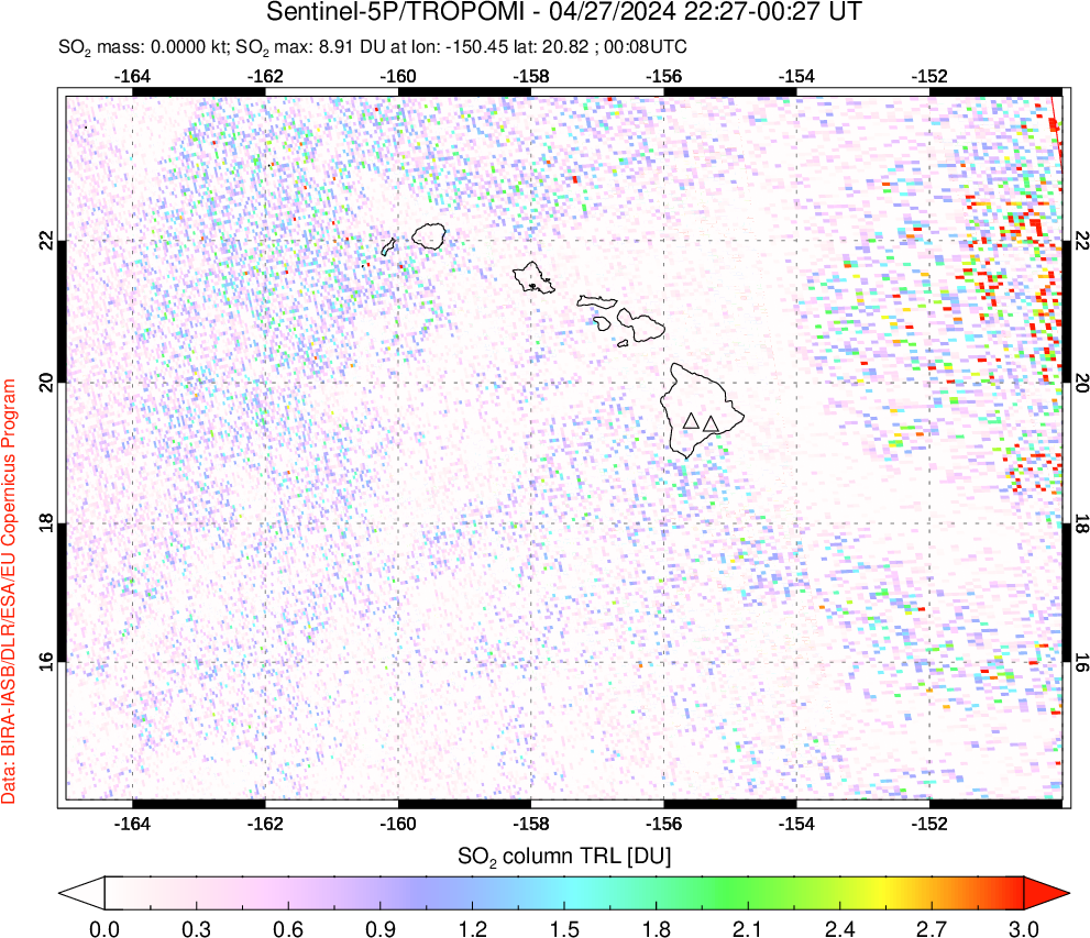 A sulfur dioxide image over Hawaii, USA on Apr 27, 2024.