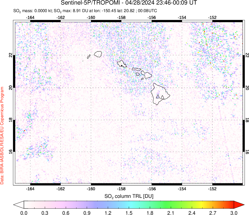 A sulfur dioxide image over Hawaii, USA on Apr 28, 2024.