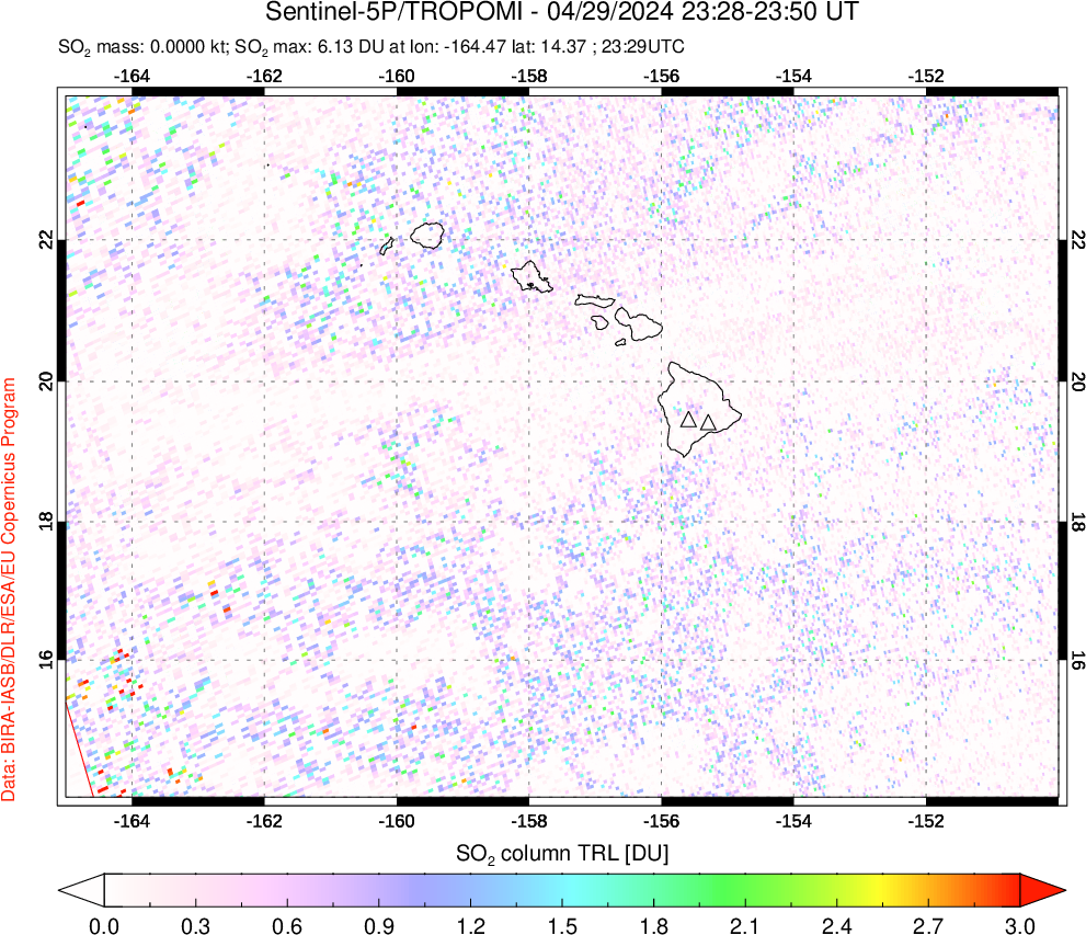 A sulfur dioxide image over Hawaii, USA on Apr 29, 2024.