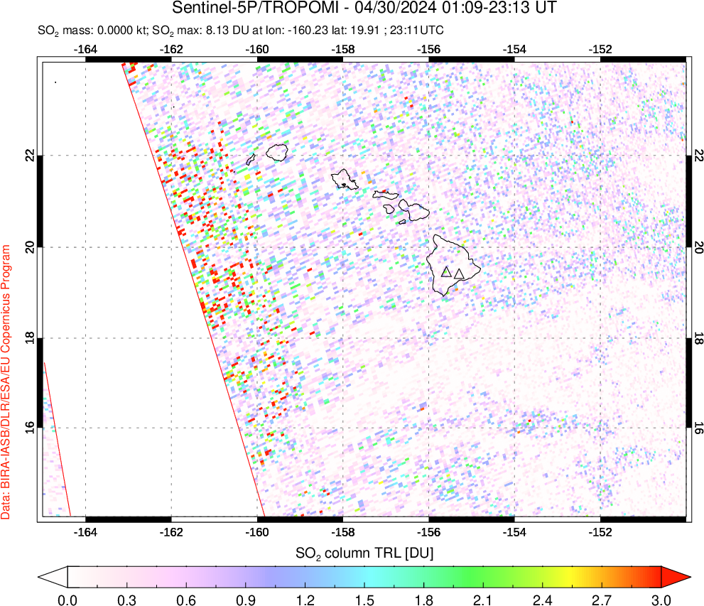 A sulfur dioxide image over Hawaii, USA on Apr 30, 2024.