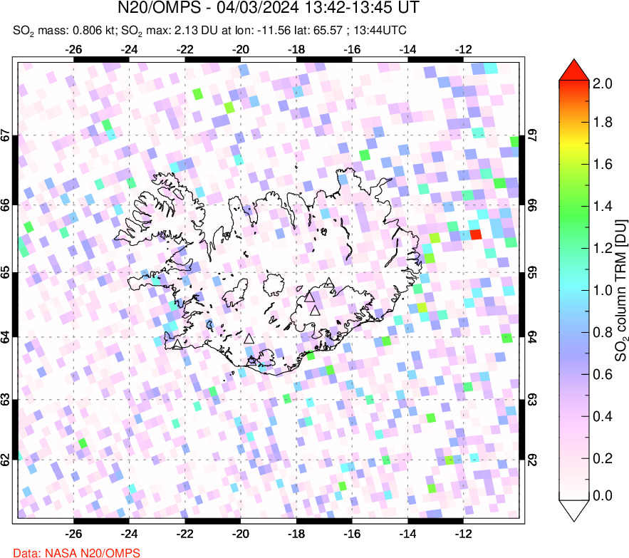 A sulfur dioxide image over Iceland on Apr 03, 2024.