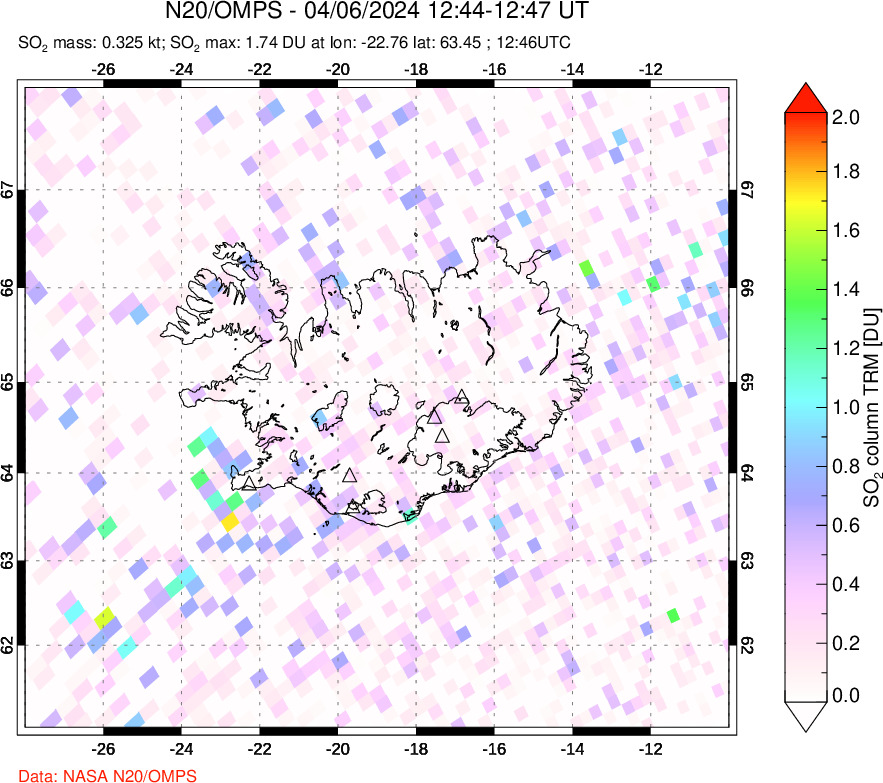 A sulfur dioxide image over Iceland on Apr 06, 2024.