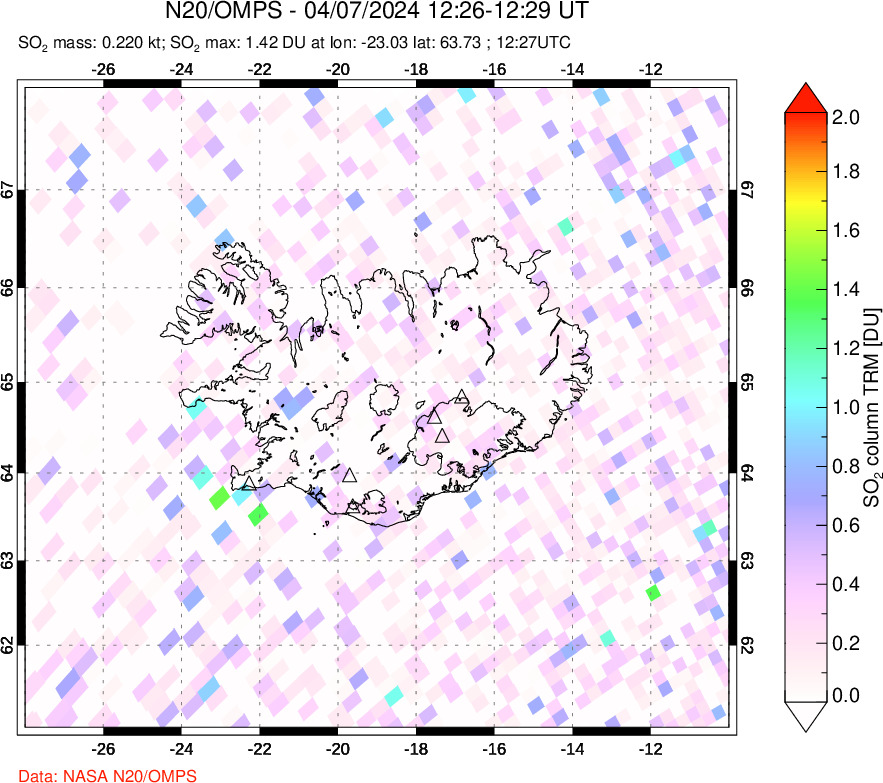 A sulfur dioxide image over Iceland on Apr 07, 2024.