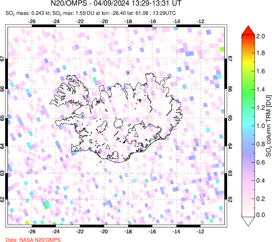 A sulfur dioxide image over Iceland on Apr 09, 2024.