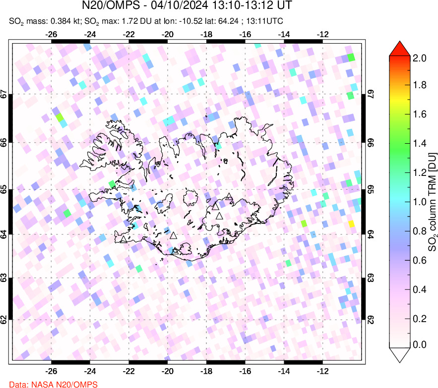 A sulfur dioxide image over Iceland on Apr 10, 2024.