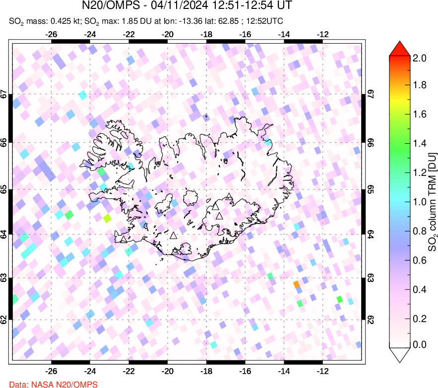 A sulfur dioxide image over Iceland on Apr 11, 2024.