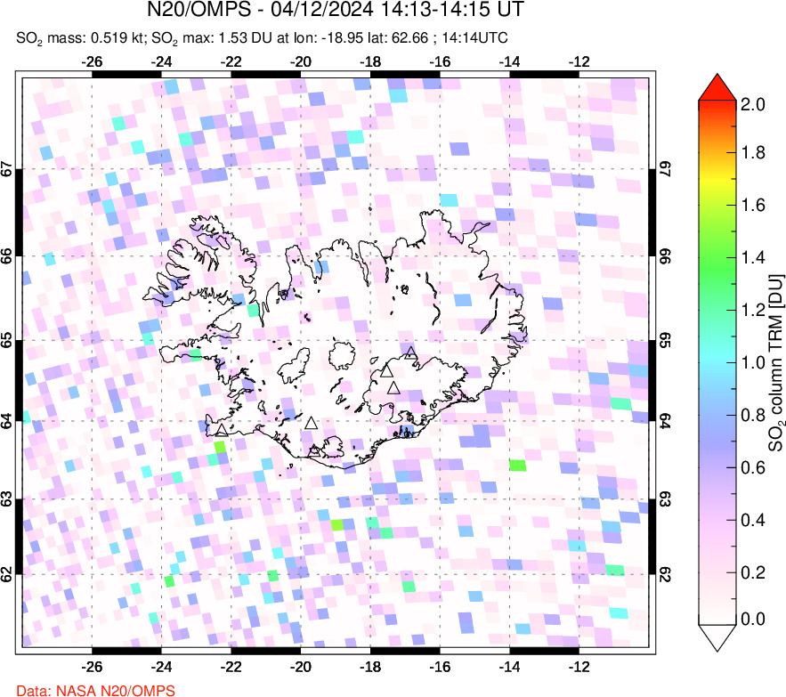 A sulfur dioxide image over Iceland on Apr 12, 2024.