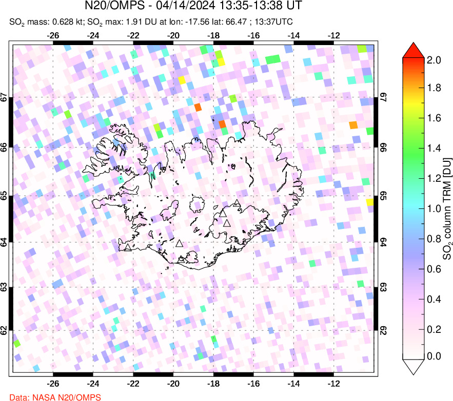 A sulfur dioxide image over Iceland on Apr 14, 2024.