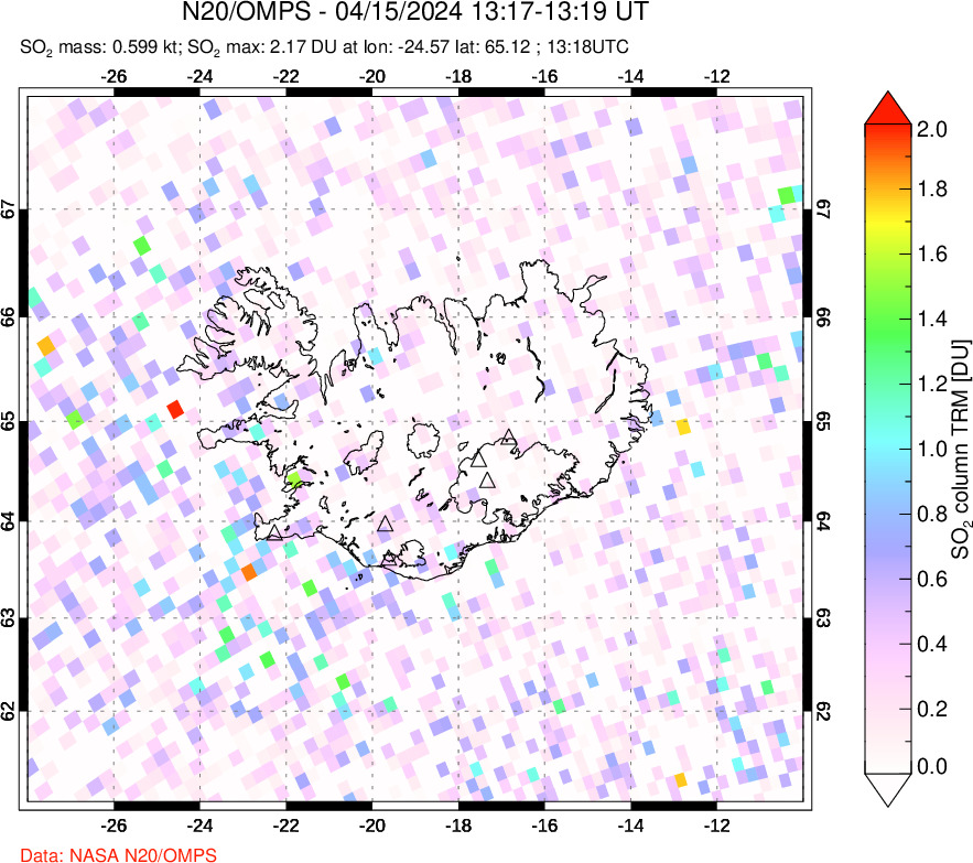 A sulfur dioxide image over Iceland on Apr 15, 2024.