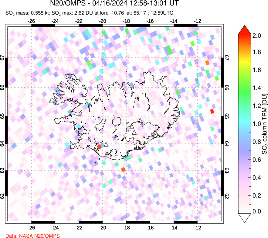 A sulfur dioxide image over Iceland on Apr 16, 2024.