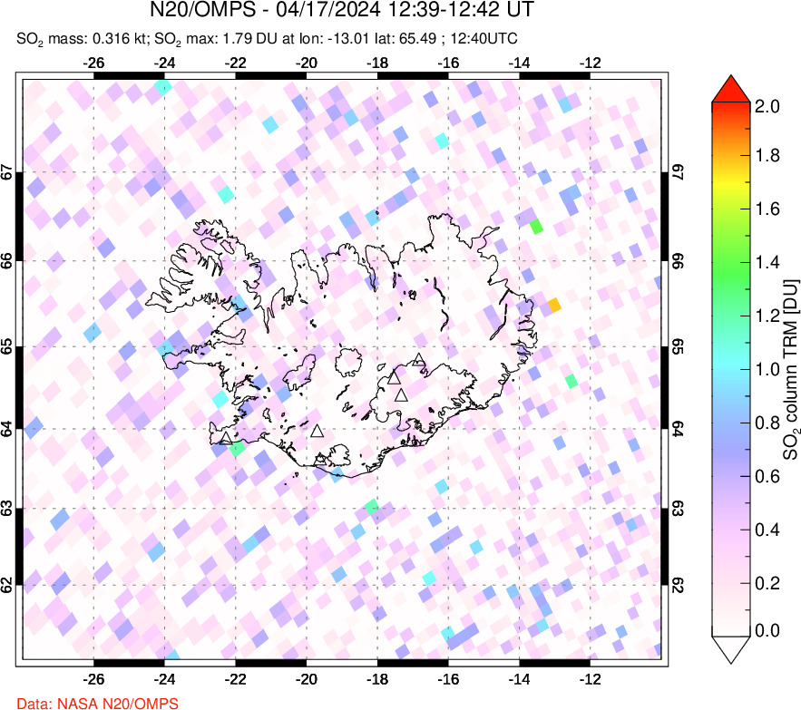 A sulfur dioxide image over Iceland on Apr 17, 2024.