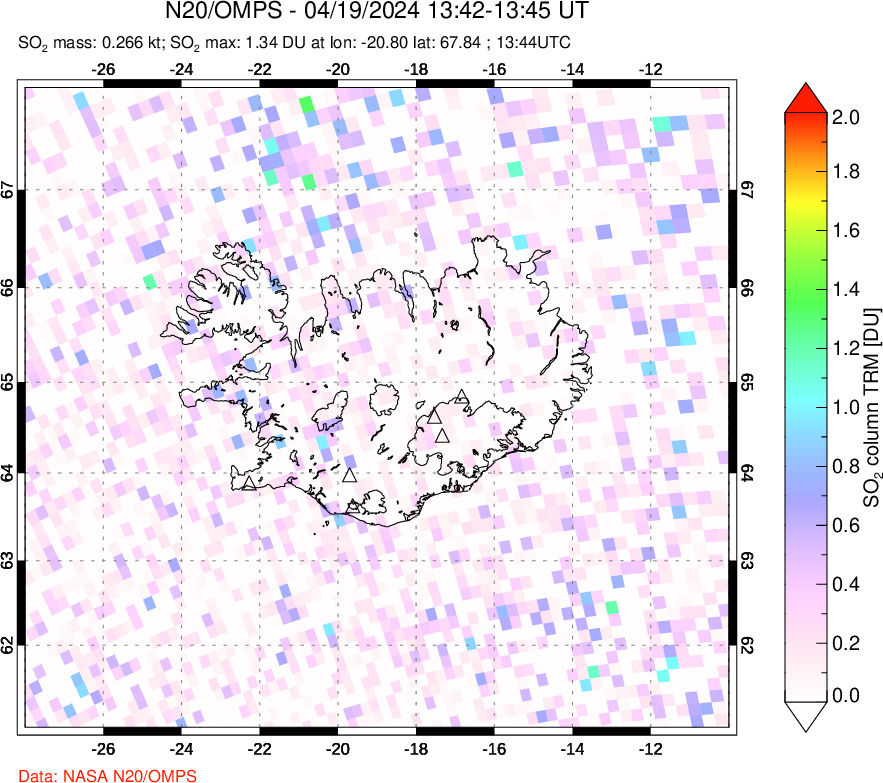 A sulfur dioxide image over Iceland on Apr 19, 2024.