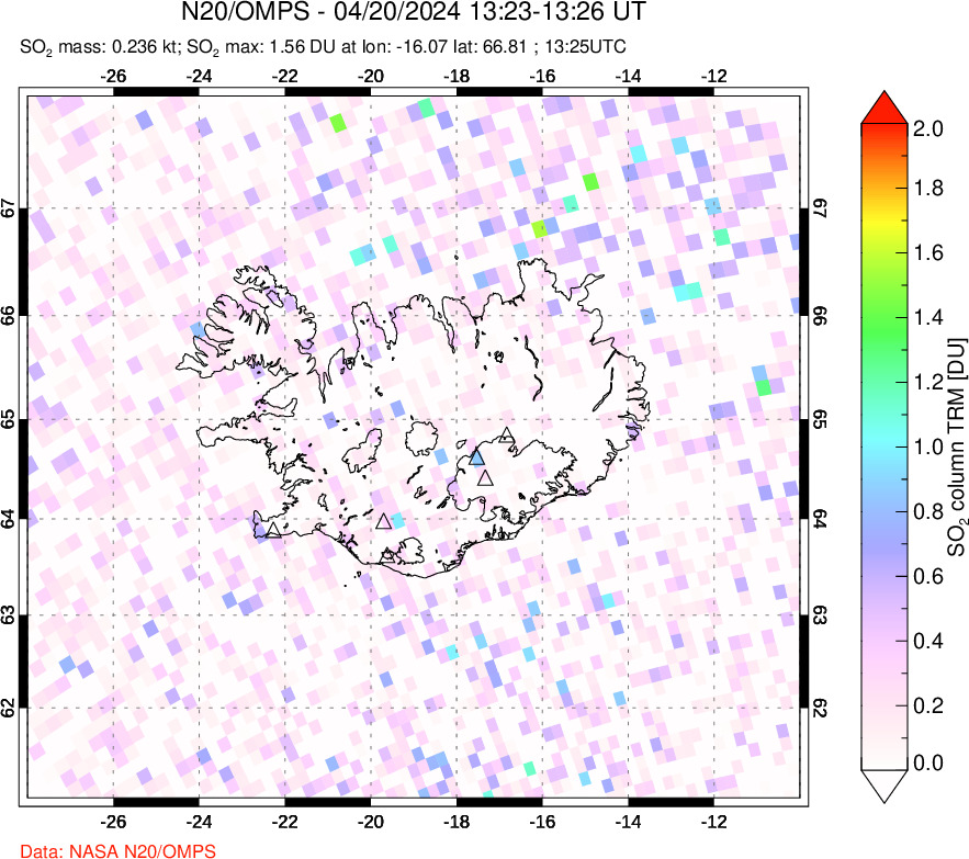 A sulfur dioxide image over Iceland on Apr 20, 2024.