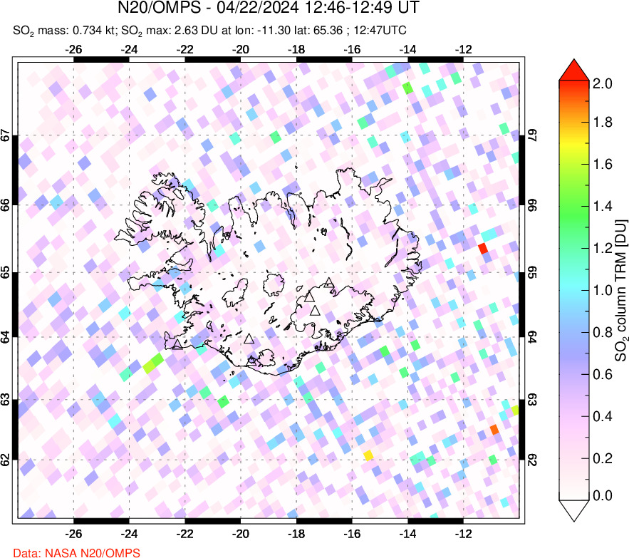 A sulfur dioxide image over Iceland on Apr 22, 2024.