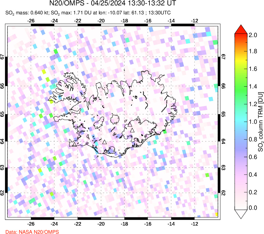 A sulfur dioxide image over Iceland on Apr 25, 2024.