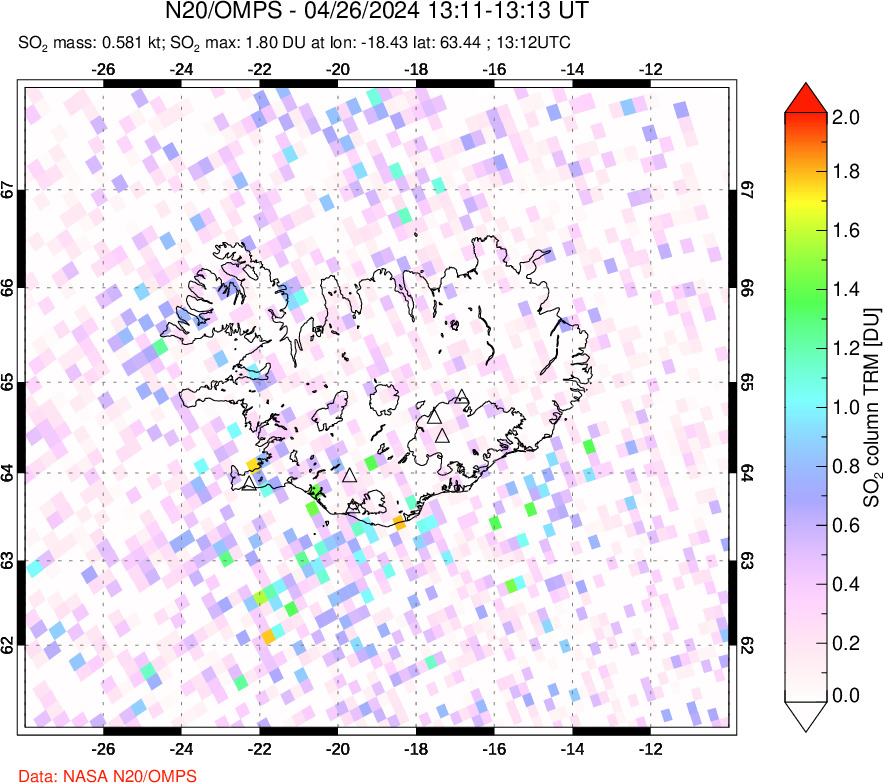 A sulfur dioxide image over Iceland on Apr 26, 2024.