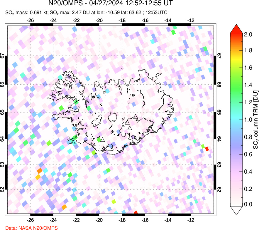 A sulfur dioxide image over Iceland on Apr 27, 2024.