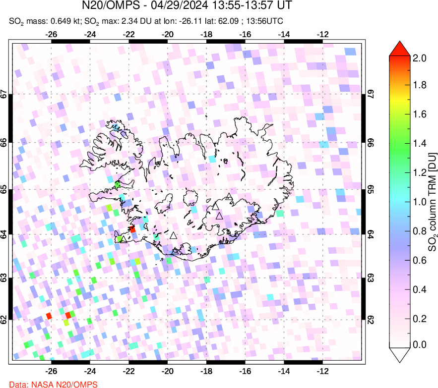 A sulfur dioxide image over Iceland on Apr 29, 2024.